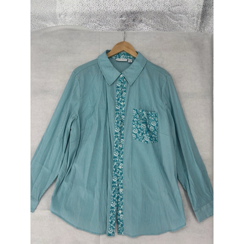 Susan Graver QVC Striped Stretch Cotton Button Front Shirt Blue & Wht Womens 22